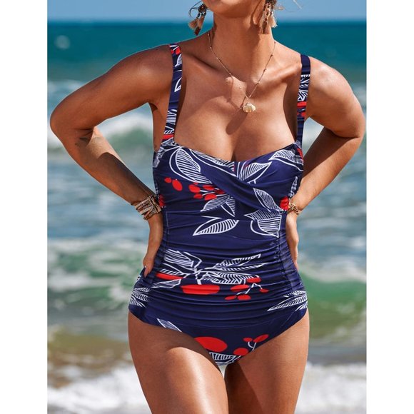 Women's Nylon Vintage Retro Push Up Ruched Tummy Control Bathing Suits - Picture 2 of 6